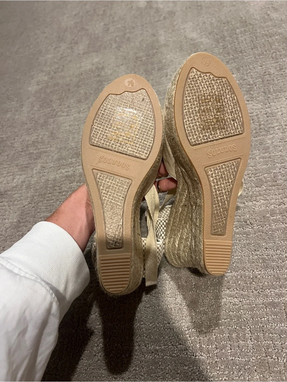 Soludos Cream Canvas Espadrille Wrap Wedge Sandals